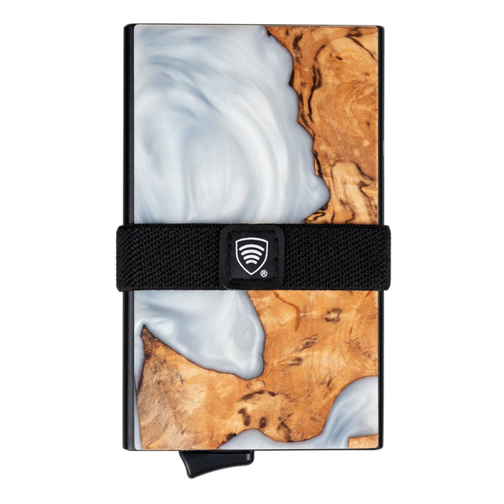 Hliníková peněženka s posuvníky na karty a ochranou bezkontaktních karet (dřevo + bílá pryskyřice)