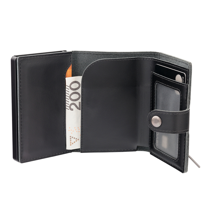 Pánská kožená peněženka s vnější kapsou na karty a hliníkovým pouzdrem (černá)