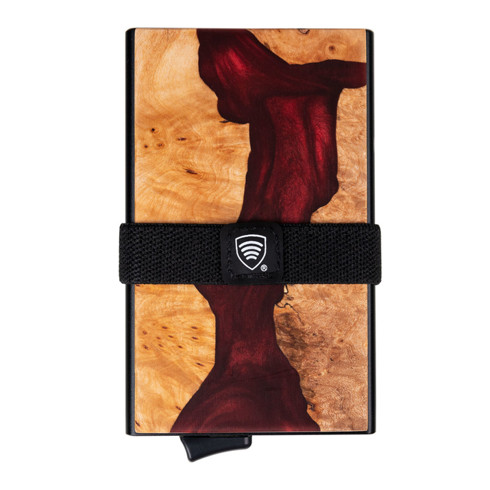 Hliníková peněženka s posuvníky na karty a ochranou bezkontaktních karet (dřevo + červená pryskyřice)