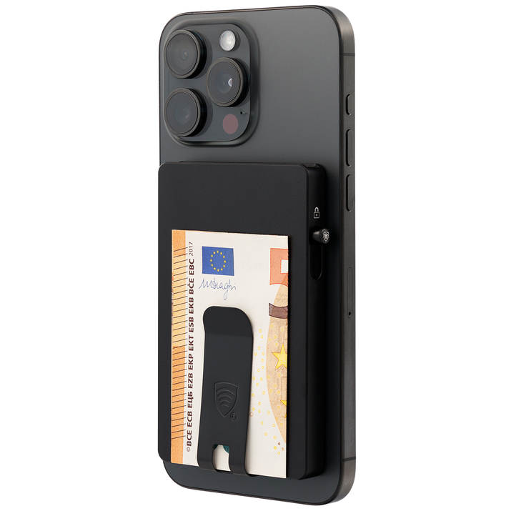 Hliníkové pouzdro na karty s magsafe a klipem na poznámky (černé)