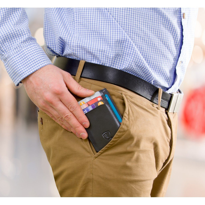 Kožené bezkontaktní pouzdro na karty RFID na bundu (černé)