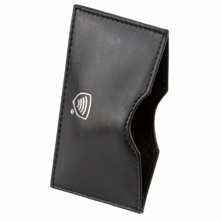 Kožené pouzdro na platební karty s blokováním RFID a stříbrným logem (černé)