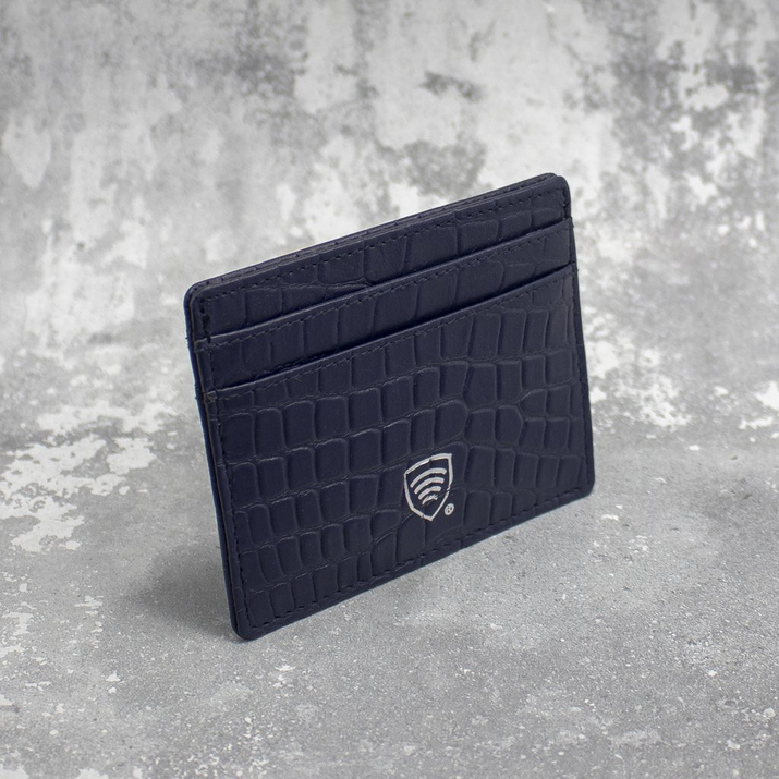 Kožené pouzdro proti krádeži na bezkontaktní karty RFID (námořnická modrá, Croco)