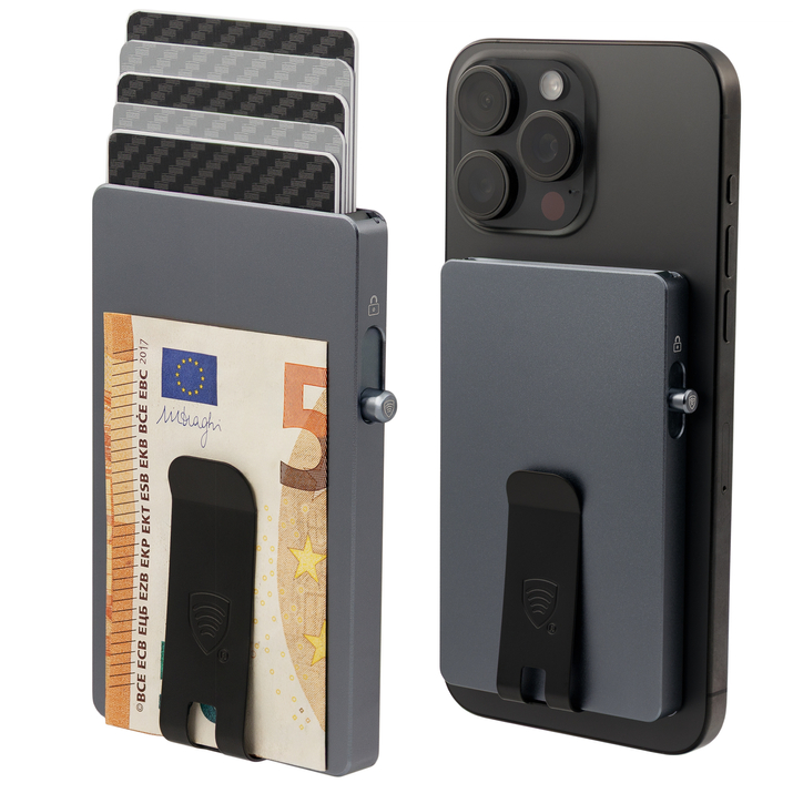 Hliníkové pouzdro na karty s magsafe a klipem na poznámky (černé)